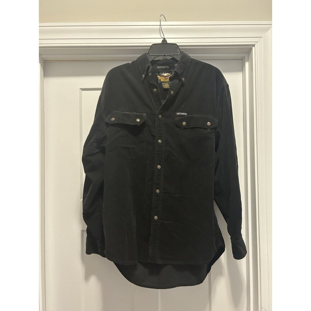 HARLEY DAVIDSON Long Sleeve Button Front Corduroy Black Cotton Shirt Size Medium